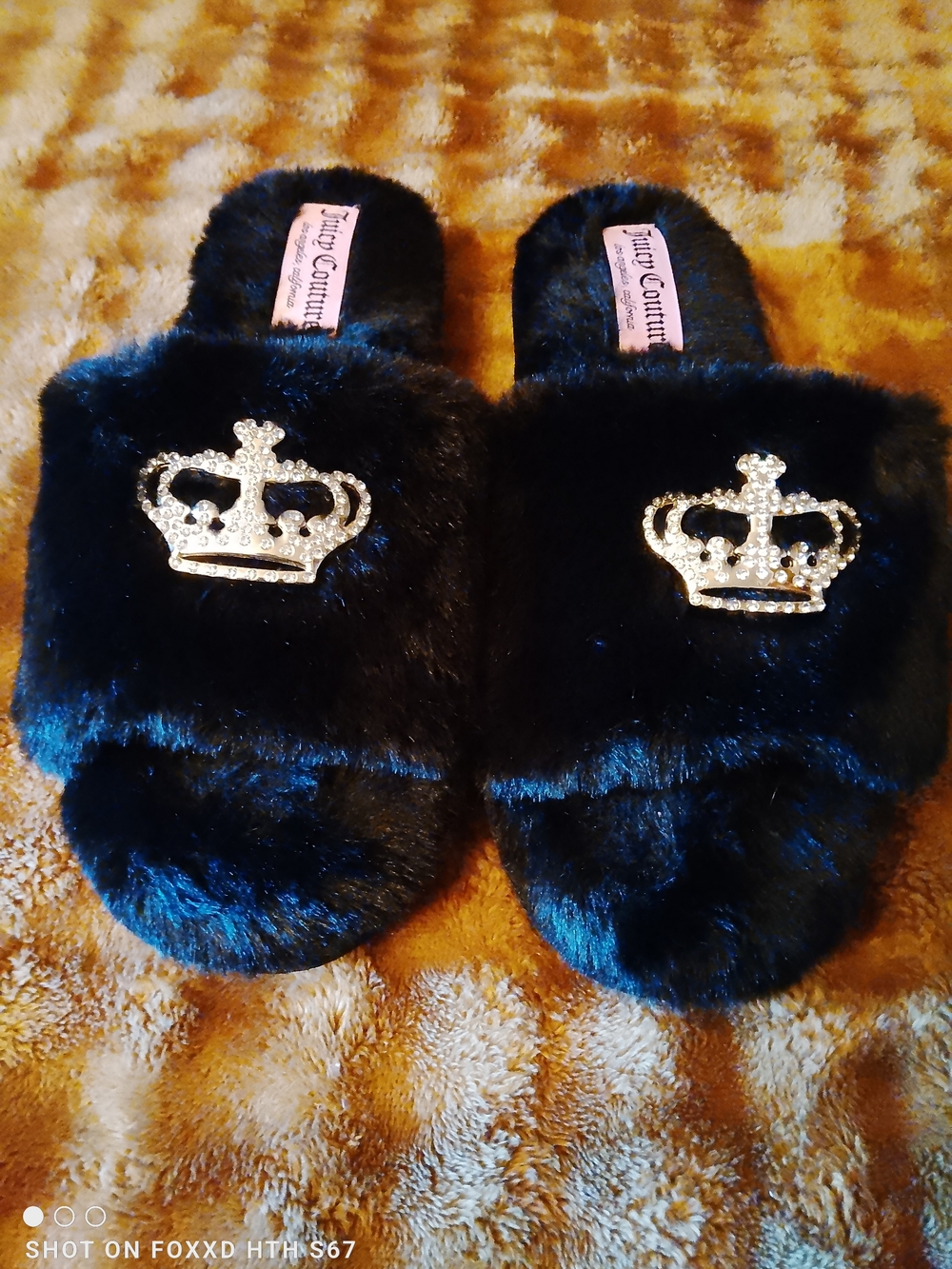 Juicy Couture Black Faux Fur Crown Slide Slippers